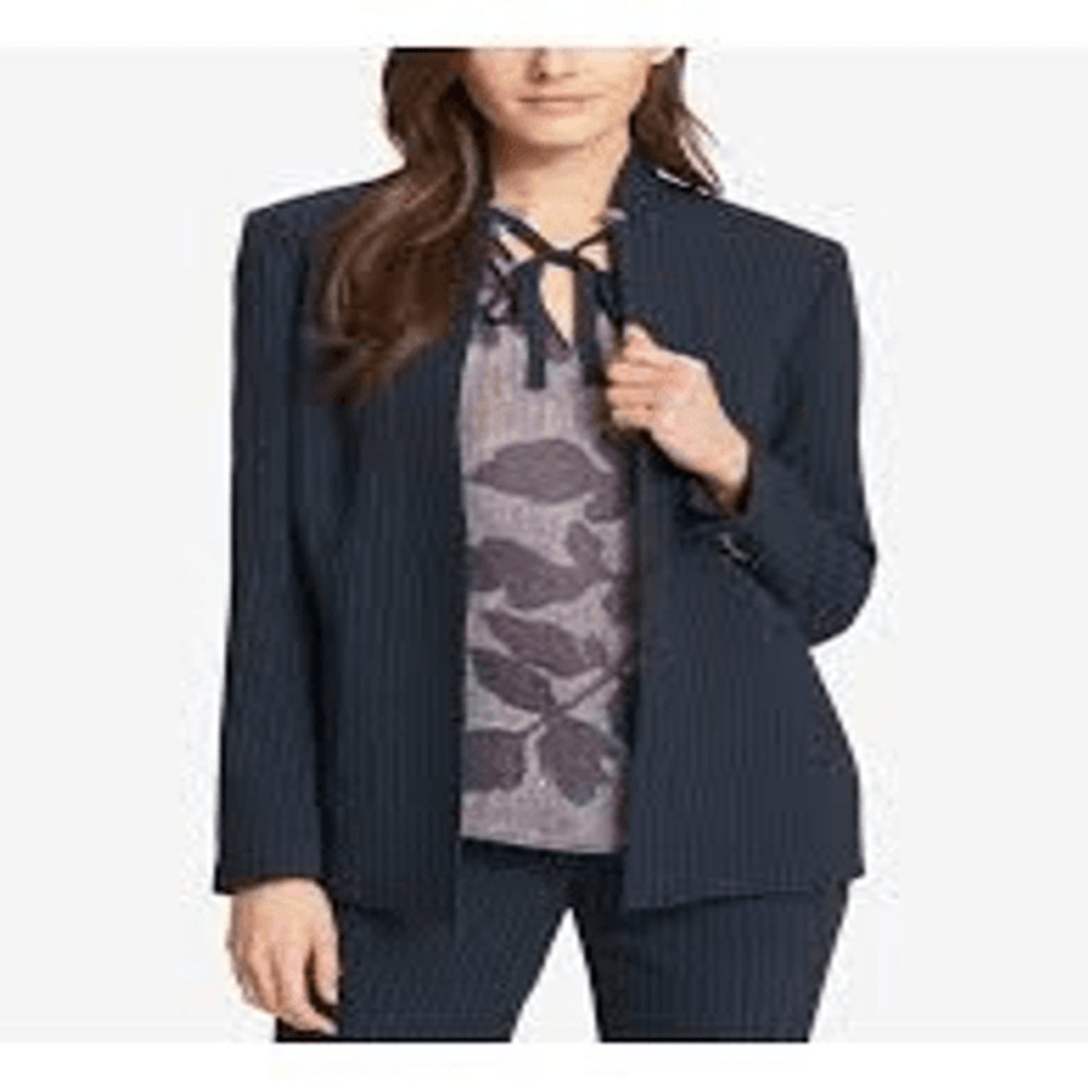 Tommy Hilfiger Women's Pinstriped Navy Open-Front Blazer Jacket 12 Office Chic